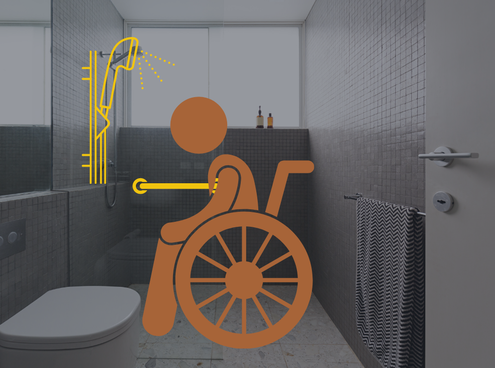 Image of an open shower with digital drawings on topi of the image that depict a person sitting in a roll in shower seat along with grab bars and and an adjustable handheld shower head.