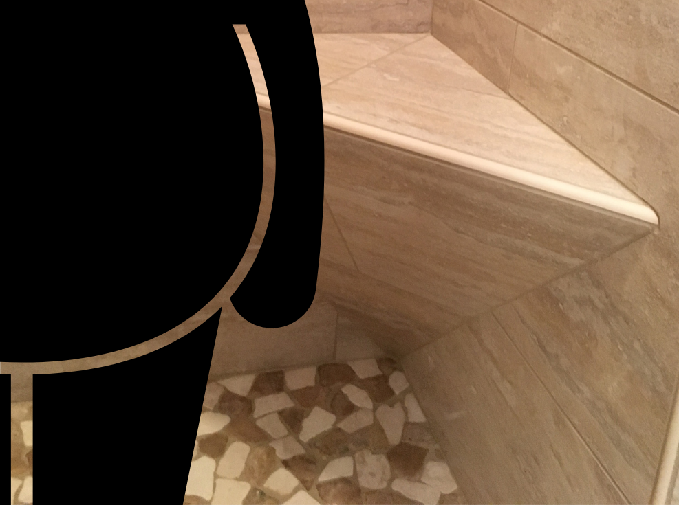 Picture of a tiled shower with a small seat in the corner with a digital person with a bigger body indicating their bottom won't fit on the seat easily.